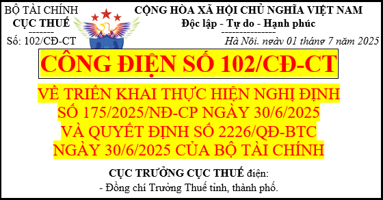 Công điện số 102 về thực hiện  Nghị định 175 2025 quy định về lệ phí trước bạ