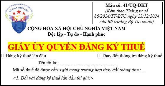 Mẫu 41/UQ-ĐKT giấy ủy quyền đăng ký thuế