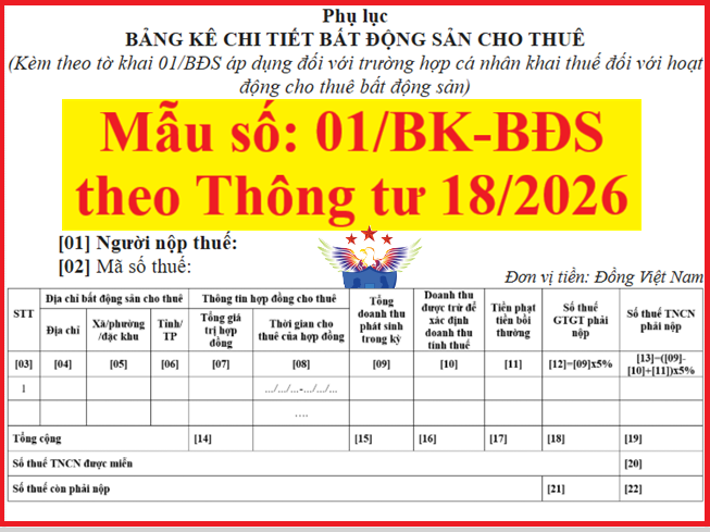 Mẫu 01/BK-BĐS theo Thông tư số 18/2026/TT-BTC Phụ lục Bảng kê chi tiết bất động sản cho thuê