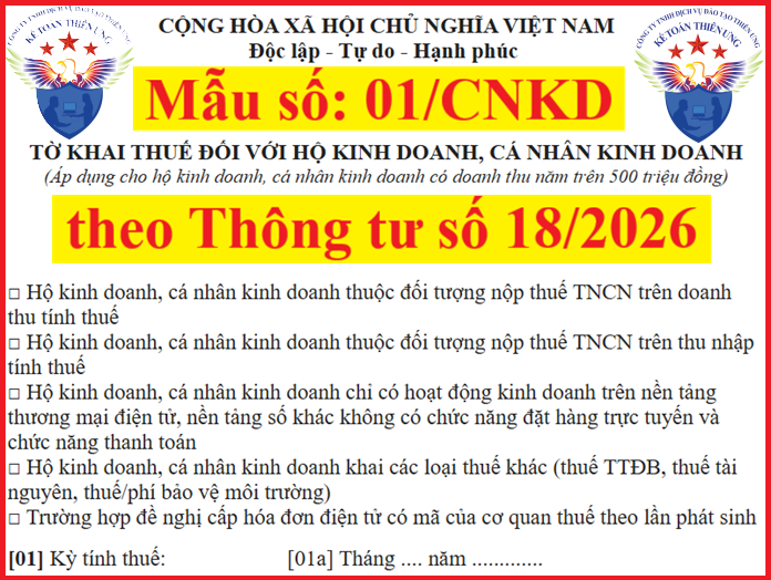 Mẫu 01/CNKD theo Thông tư số 18/2026/TT-BTC Tờ khai thuế đối với hộ kinh doanh