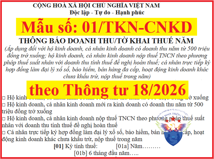 Mẫu 01/TKN-CNKD theo Thông tư số 18/2026/TT-BTC Thông báo doanh thu, Tờ khai thuế năm 
