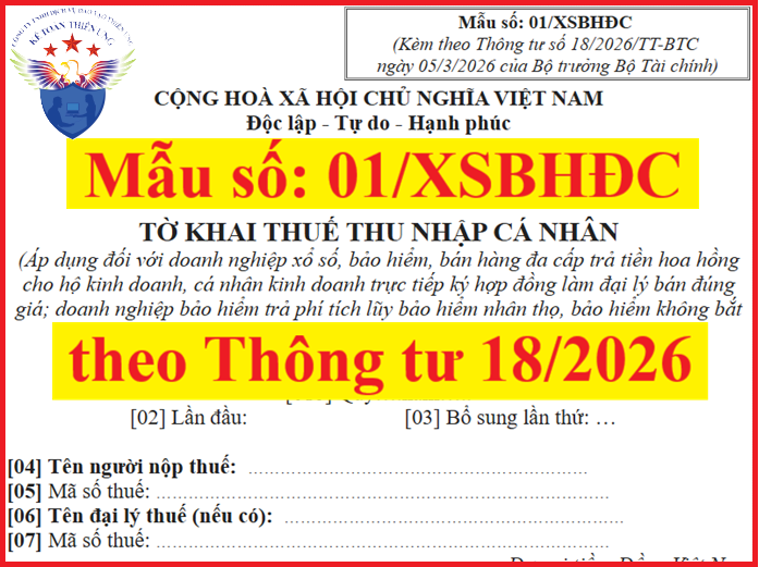 Mẫu 01/XSBHĐC theo Thông tư số 18/2026/TT-BTC Tờ khai thuế thu nhập cá nhân