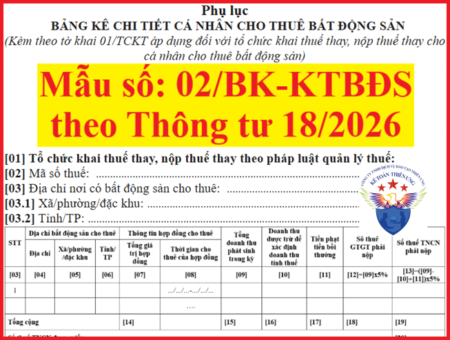 Mẫu 02/BK-KTBĐS theo Thông tư số 18/2026/TT-BTC Phụ lục Bảng kê cá nhân cho thuê nhà
