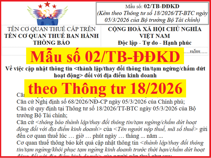 Mẫu 02/TB-ĐĐKD theo Thông tư số 18/2026/TT-BTC Thông báo cập nhật thông tin địa điểm kinh doanh