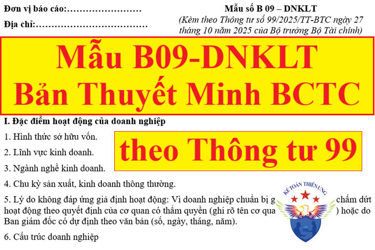 Mẫu thuyết minh báo cáo tài chính theo Thông tư 99 - Mẫu B09-DNKLT