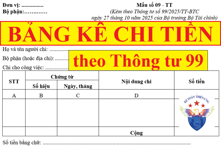 Mẫu bảng kê chi tiền theo Thông tư 99