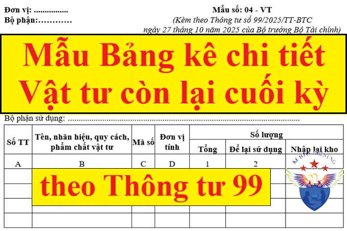 Mẫu bảng kê chi tiết vật tư còn lại cuối kỳ theo Thông tư 99