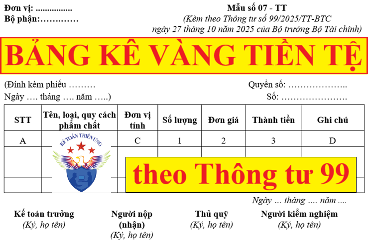 Mẫu bảng kê vàng tiền tệ theo Thông tư 99