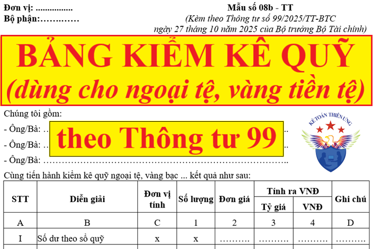 Mẫu bảng kiểm kê quỹ dùng cho ngoại tệ vàng tiền tệ theo Thông tư 99 