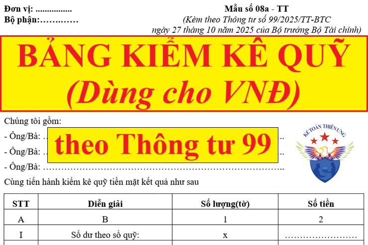 Mẫu bảng kiểm kê quỹ dùng cho VNĐ theo Thông tư 99 