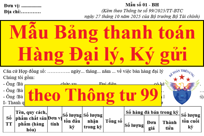 Mẩu bảng thanh toán hàng đại lý ký gửi theo Thông tư 99