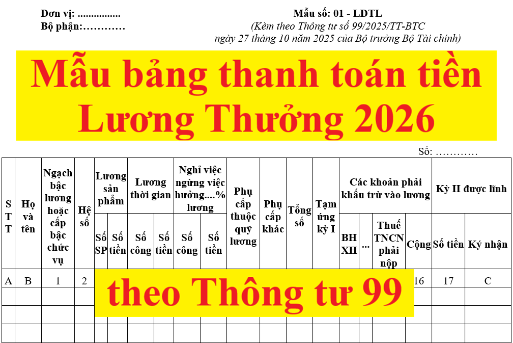 Mẫu bảng thanh toán tiền Lương - Thưởng mới nhất 2026 theo Thông tư 99