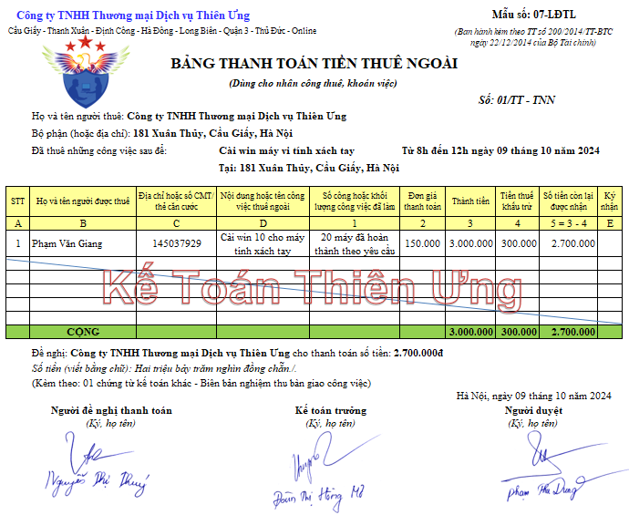 Mẫu bảng thanh toán tiền thuê ngoài theo Thông tư 200