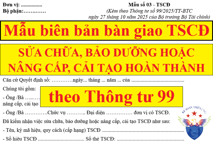 Mẫu biên bản bàn giao TSCĐ sửa chữa, bảo dưỡng, nâng cấp theo Thông tư 99