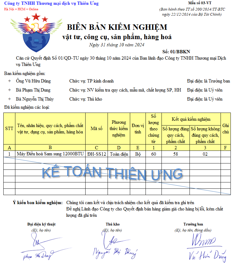 Mẫu biên bản kiểm nghiệm vật tư hàng hóa trên Excel Mẫu biên bản kiểm nghiệm vật tư hàng hóa trên Excel