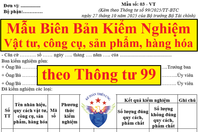 Mẫu biên bản kiểm nghiệm vật tư công cụ sản phẩm hàng hóa theo Thông tư 99