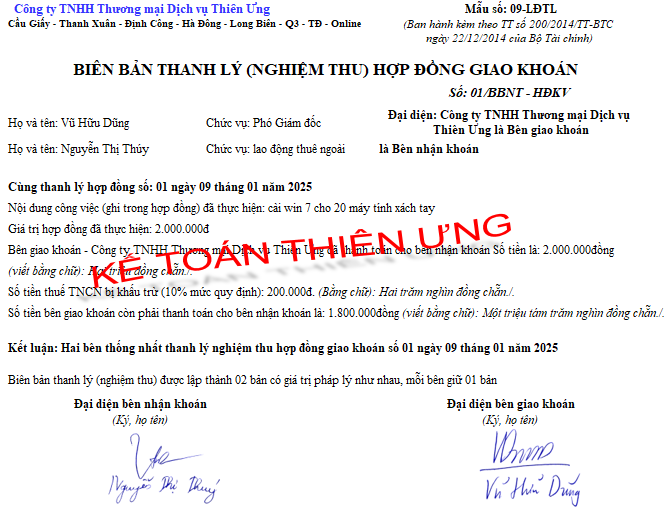 Mẫu Biên bản thanh lý hợp đồng giao khoán theo Thông tư 200