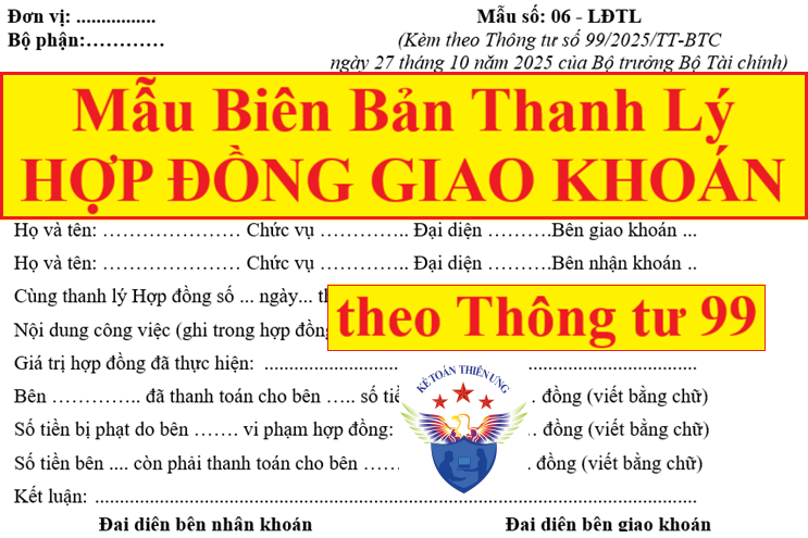 Mẫu biên bản thanh lý hợp đồng giao khoán theo Thông tư 99