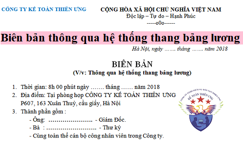 Mẫu biên bản thông qua thang bảng lương Mẫu biên bản thông qua thang bảng lương