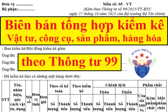 Mẫu biên bản tổng hợp kiểm kê vật tư hàng hóa theo Thông tư 99