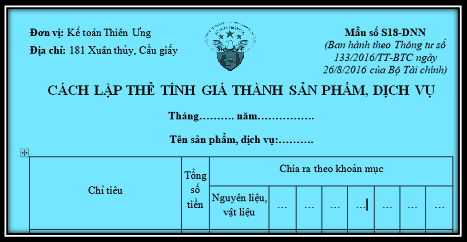 cách lập thẻ tính giá thành sản phẩm dịch vụ