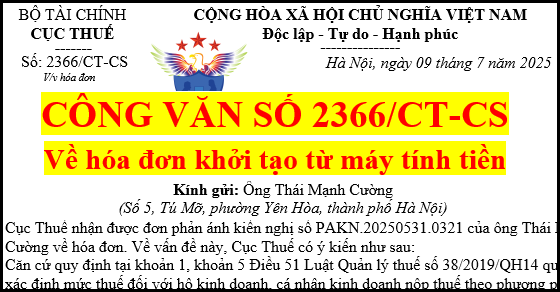 Công văn số 2366 hướng dẫn về hóa đơn điện tử khởi tạo từ máy tính tiền năm 2025