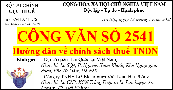 Công văn số 2541 hướng dẫn về chính sách thuế thu nhập doanh nghiệp năm 2025