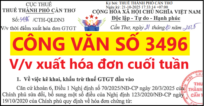 Công văn 3496 hướng dẫn về việc xuất hóa đơn GTGT vào cuối tuần