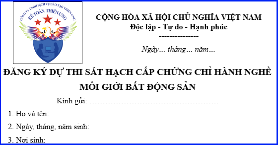 Mẫu đơn đăng ký dự thi sát hạch cấp chứng chỉ hành nghề môi giới bất động sản