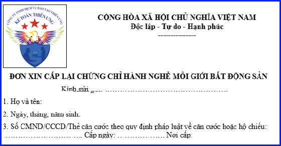 Mẫu đơn xin cấp lại chứng chỉ hành nghề môi giới bất động sản