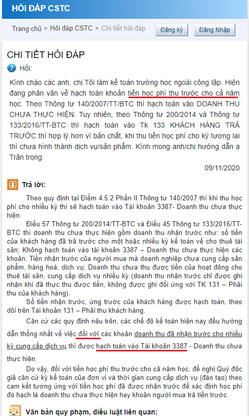 Hạch toán thu tiền học phí trước nhiều kỳ