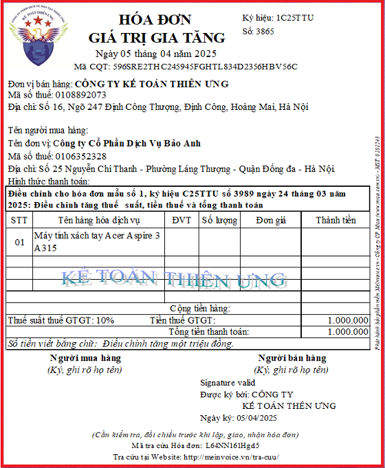Hóa đơn điều chỉnh tăng thuế suất
