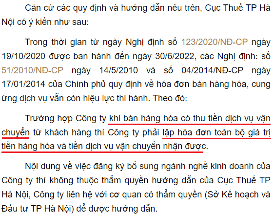 xuất hóa đơn bán hàng kèm chi phí vận chuyển