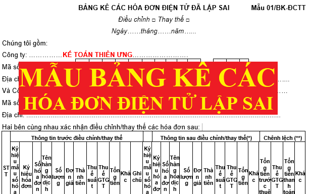 Bảng kê hóa đơn điện tử đã lập sai