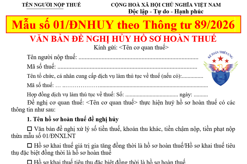 Văn bản đề nghị hủy hồ sơ đề nghị hoàn thuế