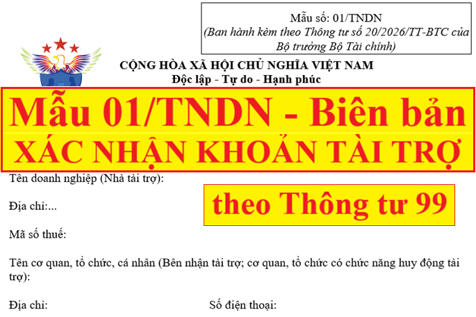 Mẫu 01/TNDN biên bản xác nhận khoản tài trợ theo Thông tư 20/2026