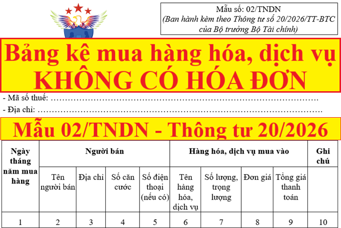 Mẫu 02/TNDN bảng kê thu mua hàng hóa dịch vụ không có hóa đơn theo Thông tư 20/2026