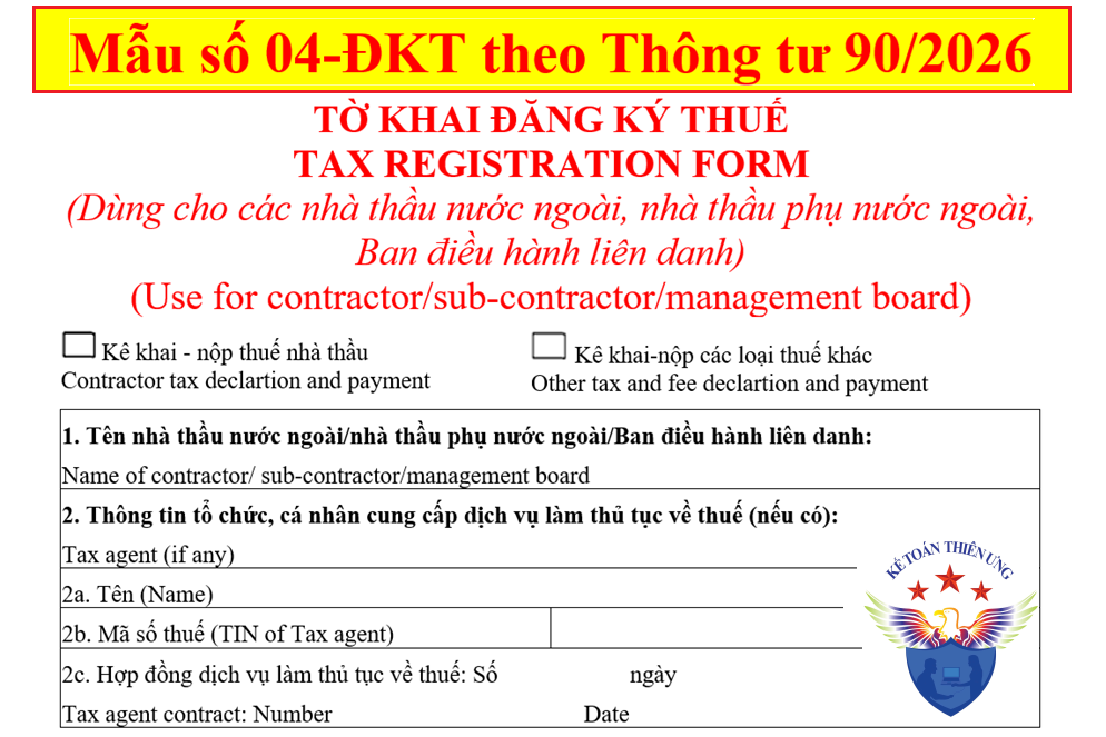 Mẫu tờ khai đăng ký thuế dùng cho nhà thầu nước ngoài ban điều hành liên danh mới nhất
