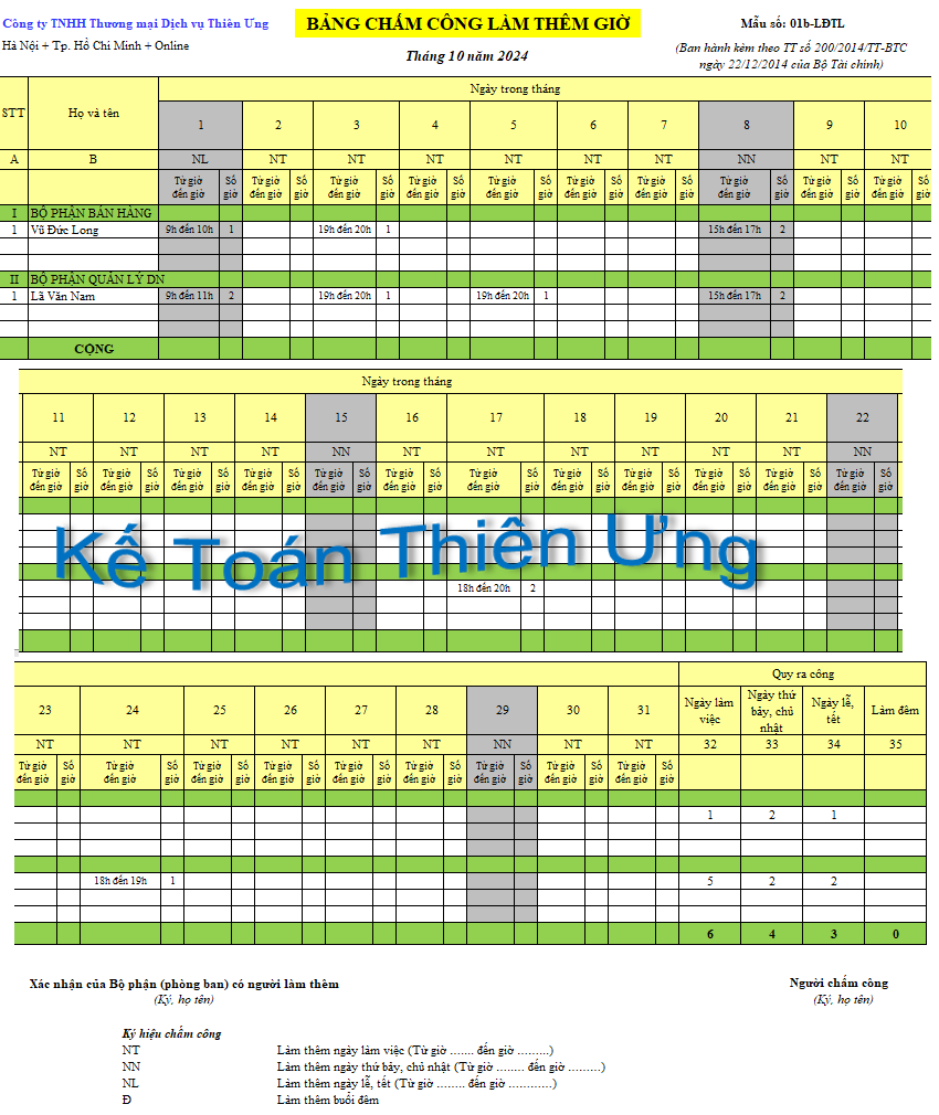 Mẫu bảng chấm công làm thêm giờ theo Thông tư 200