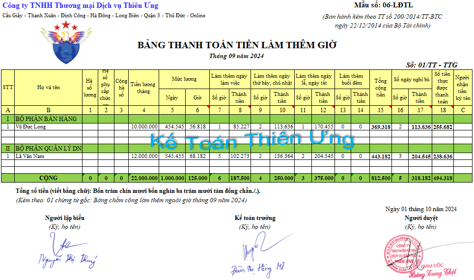 Mẫu bảng thanh toán tiền làm thêm giờ