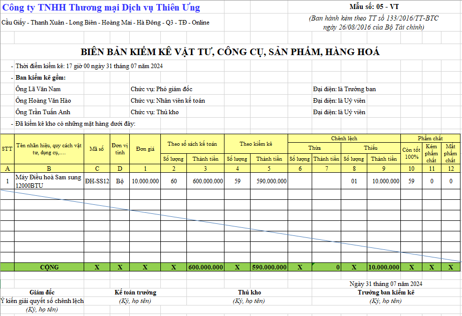 Mẫu biên bản kiểm kê vật tư hàng hóa trên Excel