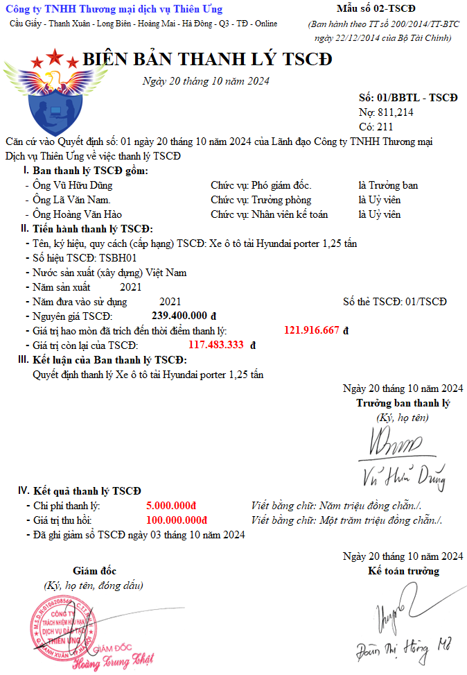 Mẫu Biên bản thanh lý TSCĐ trên Excel