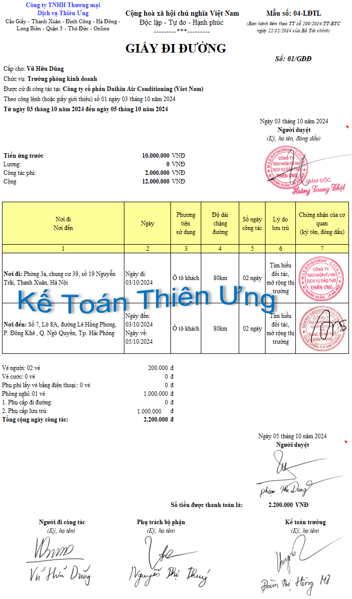 Mẫu giấy đi đường theo Thông tư 200