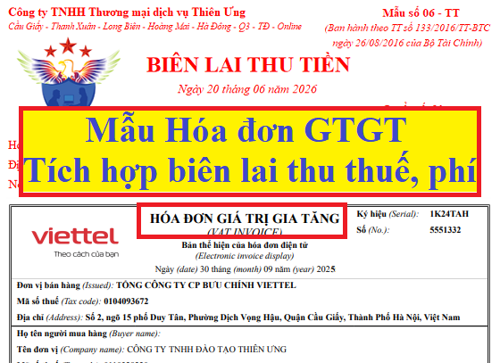 Mẫu hóa đơn gtgt tích hợp biên lai thu thuế, phí, lệ phí