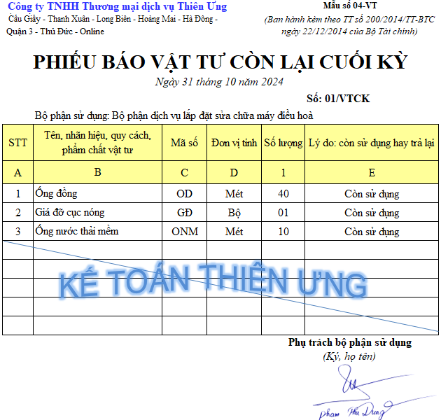 Mẫu phiếu báo vật tư còn lại cuối kỳ