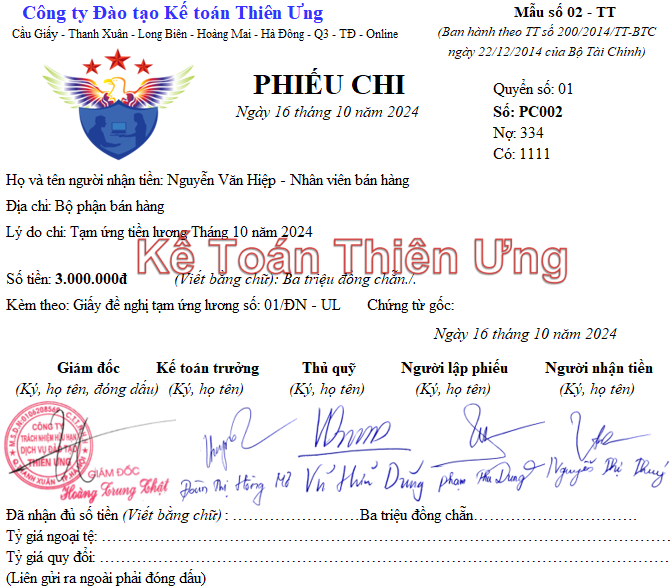 Mẫu phiếu chi theo Thông tư 200