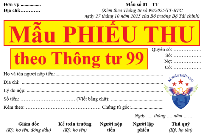 Mẫu phiếu thu theo Thông tư 99