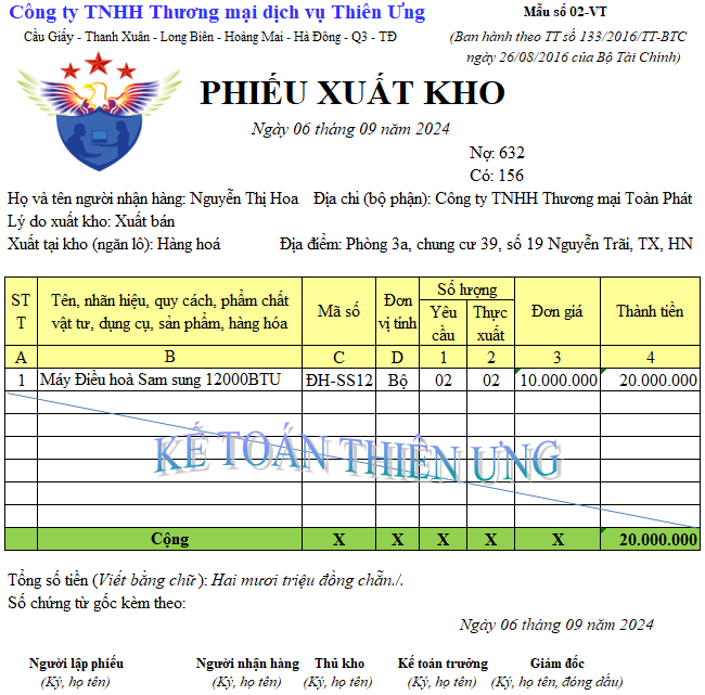 Mẫu phiếu xuất kho trên excel