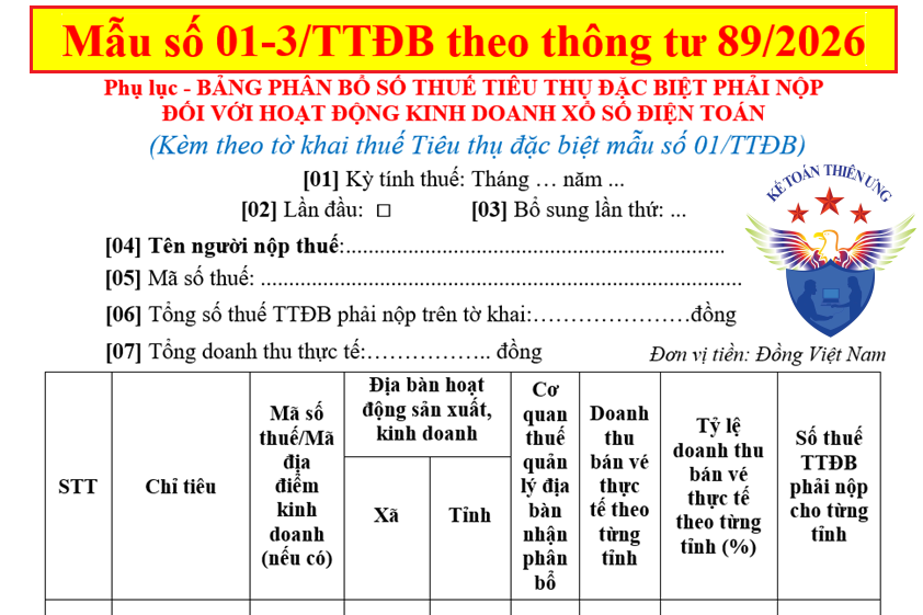 Bảng phân bổ thuế tiêu thụ đặc biệt phải nộp - mẫu 01-3/ttđb