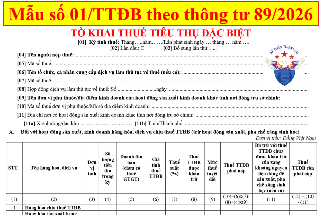 Tờ khai thuế tiêu thụ đặc biệt Mẫu số 01/TTĐB 